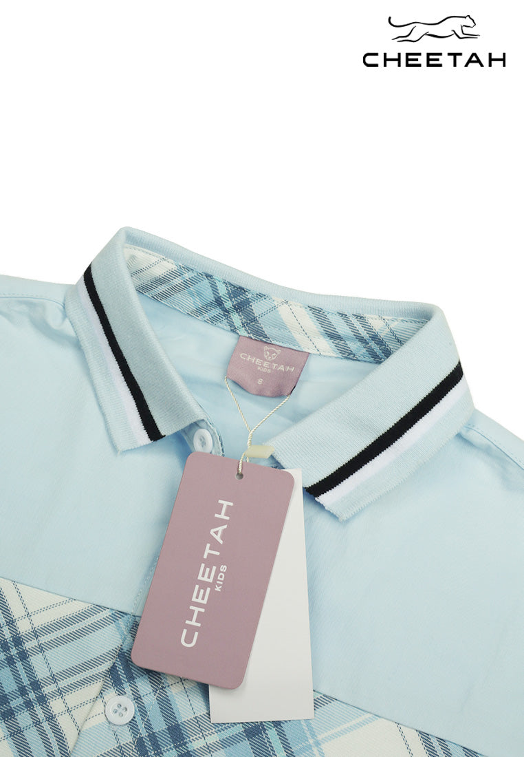 Cheetah Kids Boy Short Sleeves Collared Plaid Panel Shirt - CJ-130748