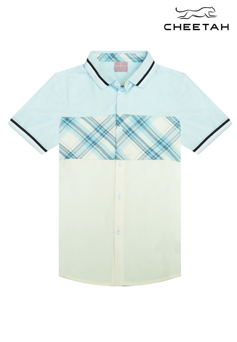 Cheetah Kids Boy Short Sleeves Collared Plaid Panel Shirt - CJ-130748