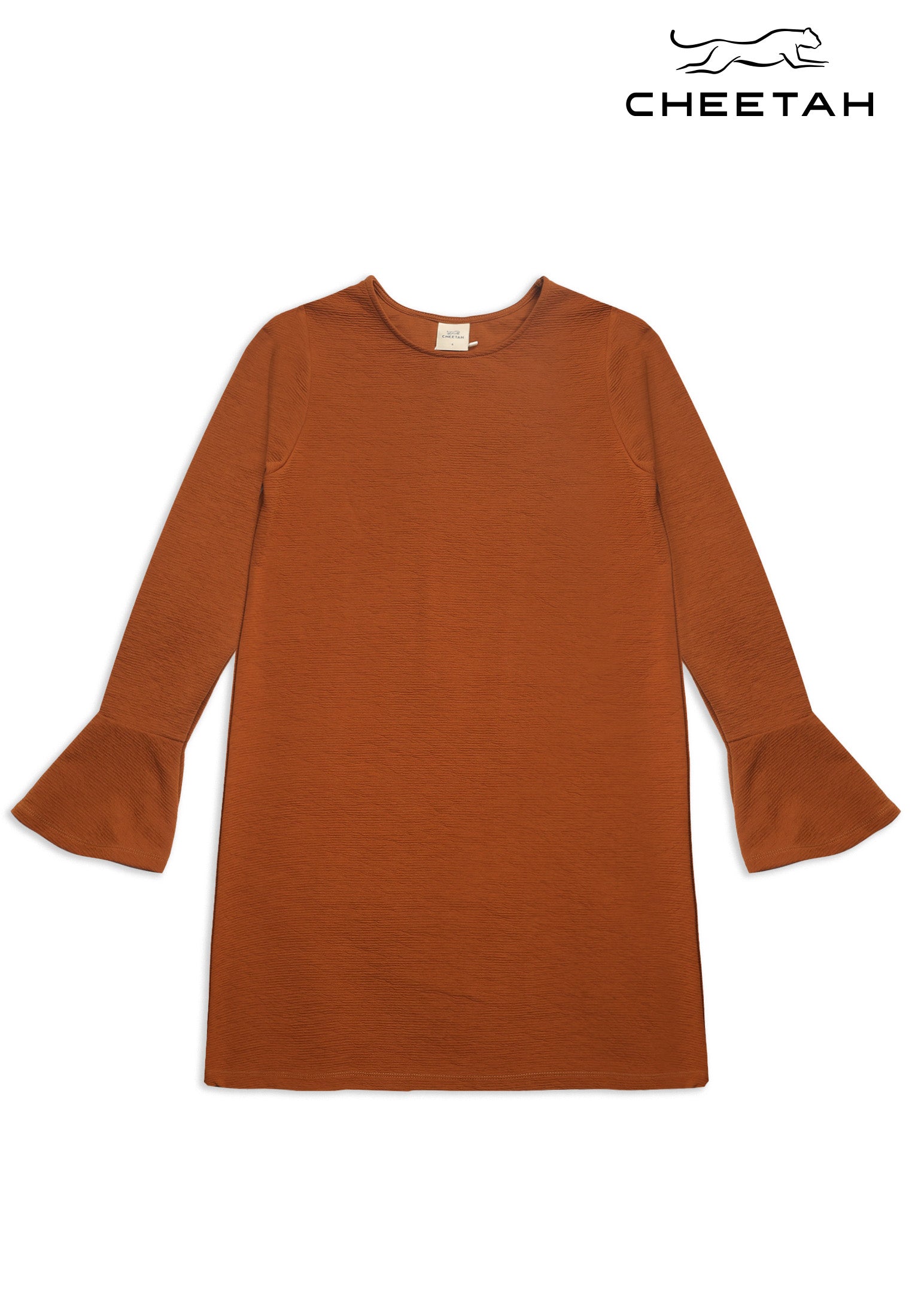 Cheetah Women Polyester Blend Long Bell Sleeves Round Neck Tunic Dress - CL-190090