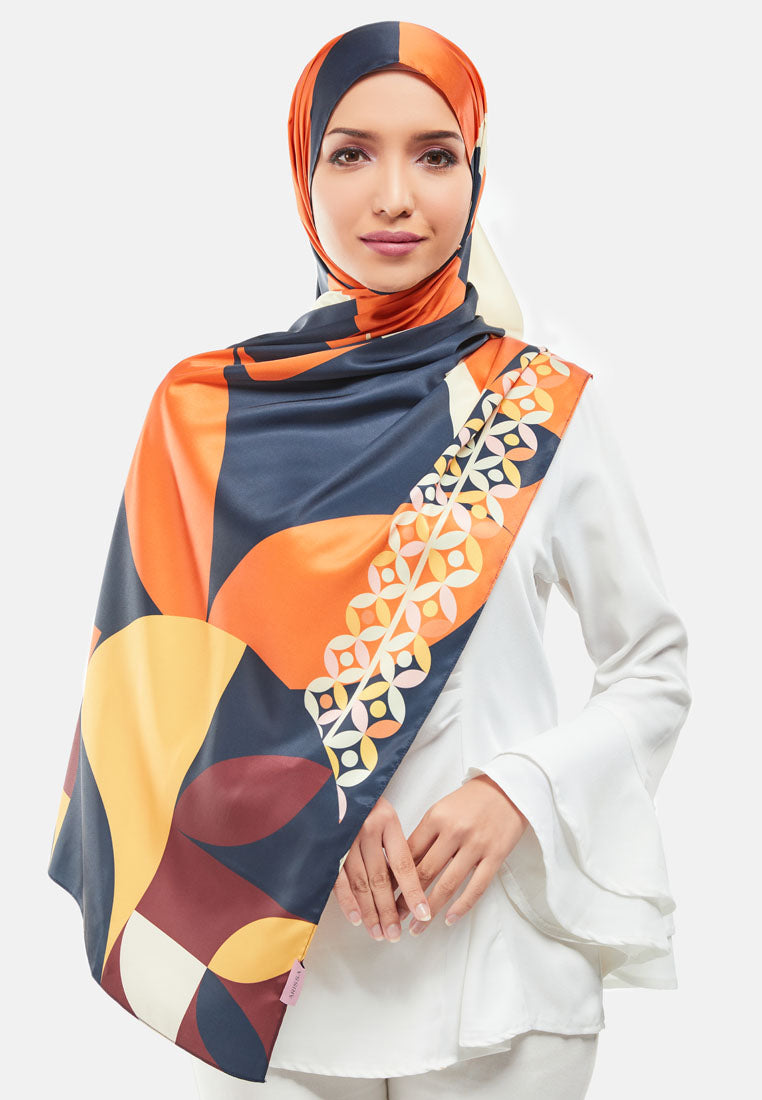 Arissa Blair Hijab Printed Satin Silk Shawl Scraf in Orange - ARS-ST11302