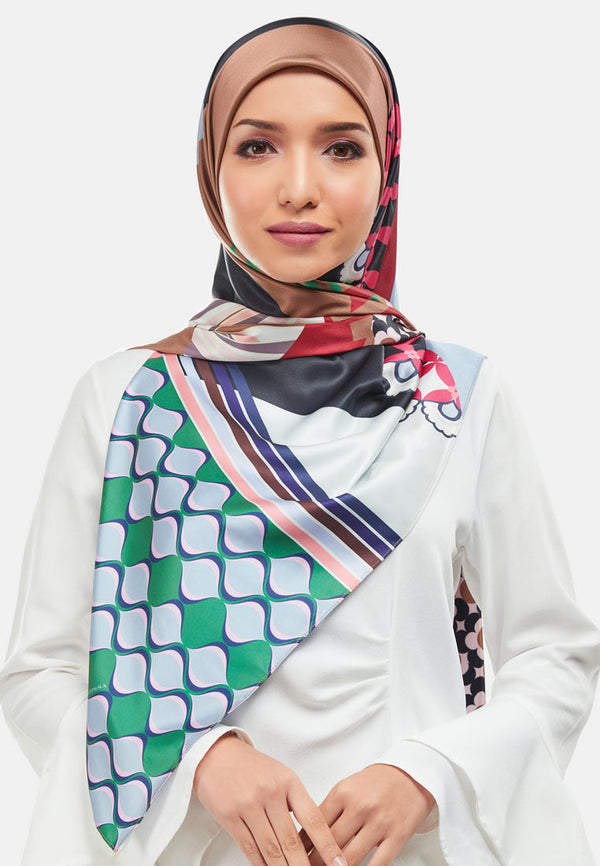 Arissa Aria Hijab Printed Satin Silk Square Scarf in Coffee - ARS-ST11258 (MD2)