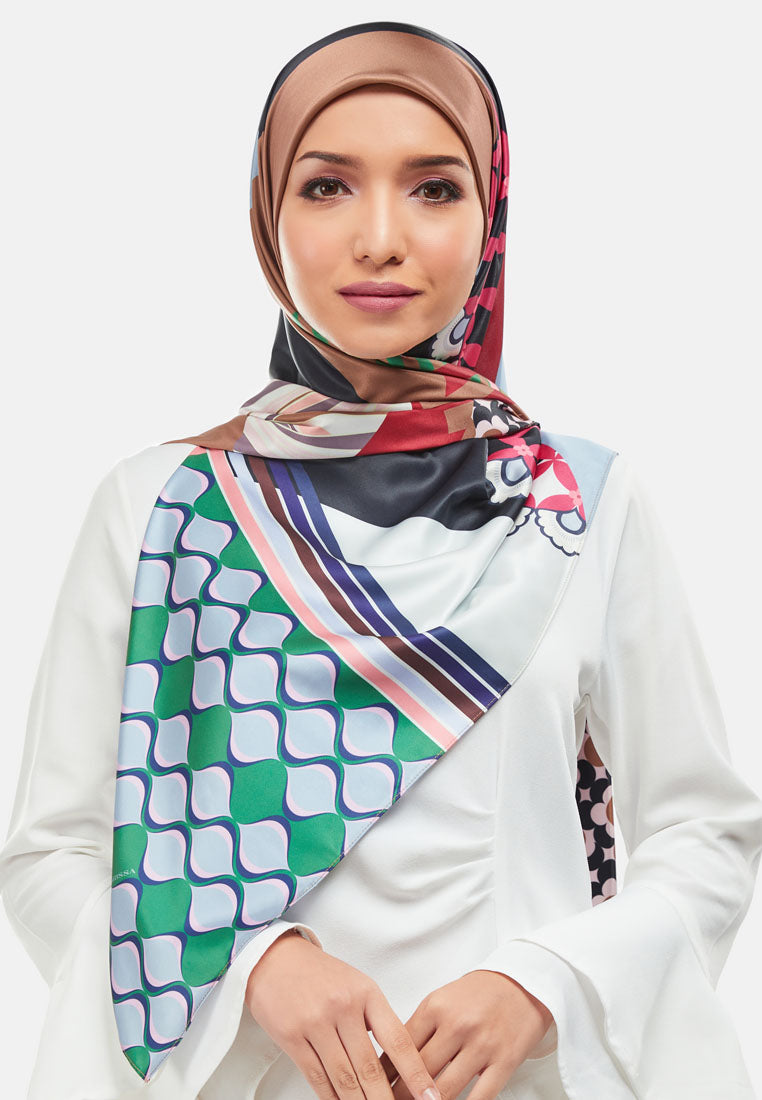 Arissa Aria Hijab Printed Satin Silk Square Scarf in Coffee - ARS-ST11258