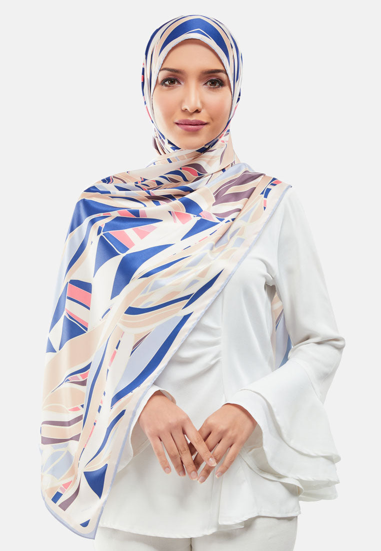 Arissa Elka Hijab Printed Satin Silk Shawl Scraf in Blue - ARS-ST11296